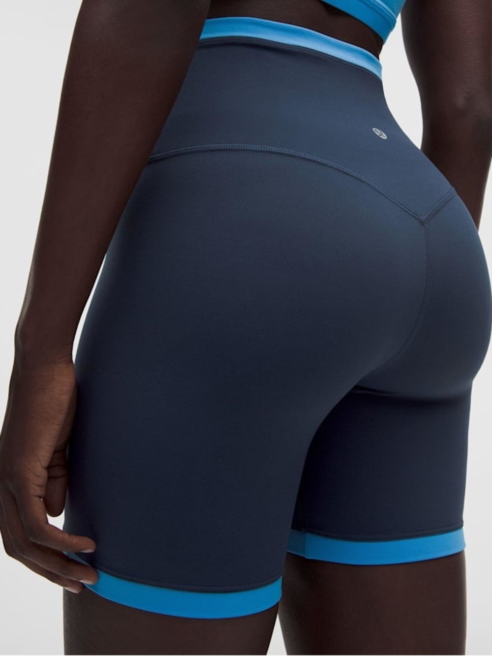 lululemon athletica Navy High-Waisted 6” Biker Shorts with Light Blue Trim - Picture 3 of 6